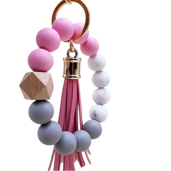 Pink & Gray Silicone Beaded Tassel Keychain - Picture 2 of 3